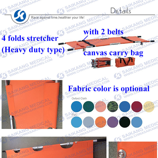 Heavy Duty 4 Folds Hospital Medical Stretcher with Waterproof Materials