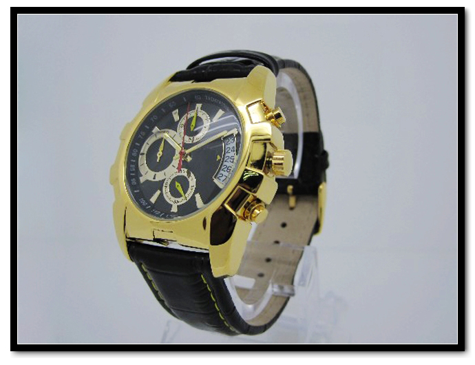 Genuine Leather Watch Gold Plated Stainless Steel Watch for Mens with Genuine Leather Band Watch