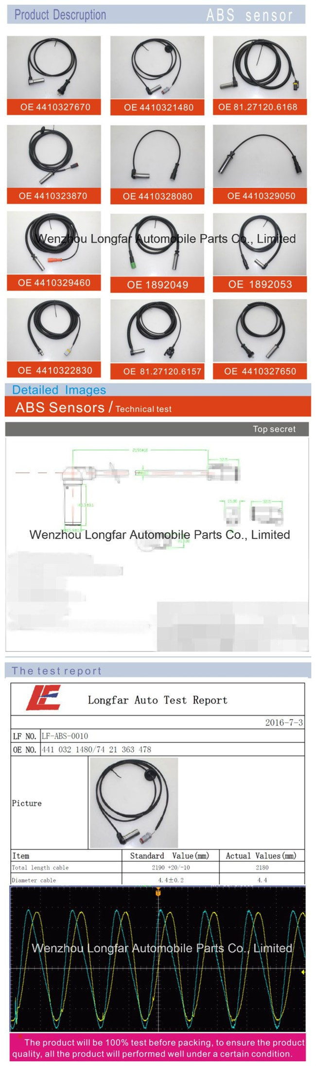 ABS Sensor Anti-Lock Braking System Transducer Indicator Sensor 4410323870, 2260133,2.25333,096.251,21247154,7420528661,2260133,Bk8400154 for Volvo Renault
