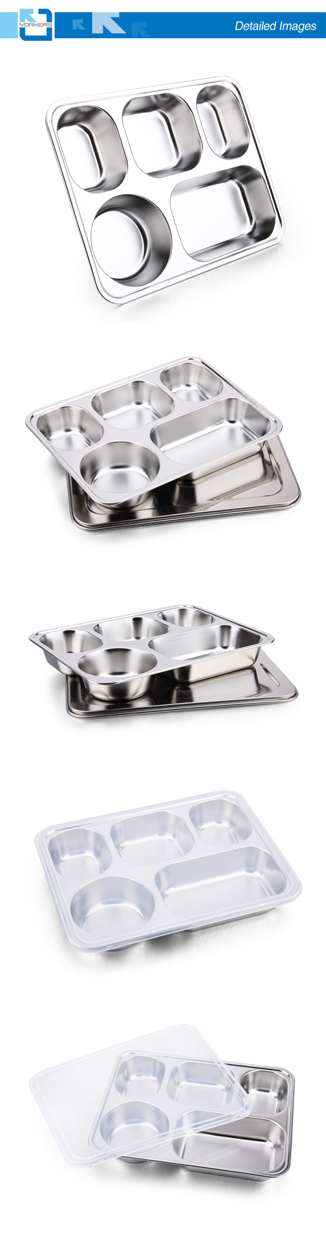 High Quality 5 Compartments Stainless Steel Food Tray Plate Buffet Trays