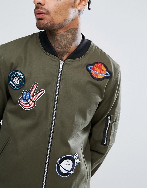 Bomber Jacket with Badges and Sleeve Zip in Khaki