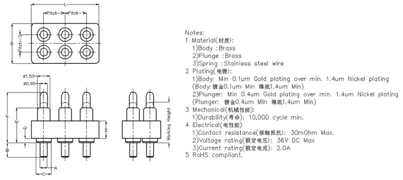 6p Double Row Pogo Pin Connector, RoHS Compliant