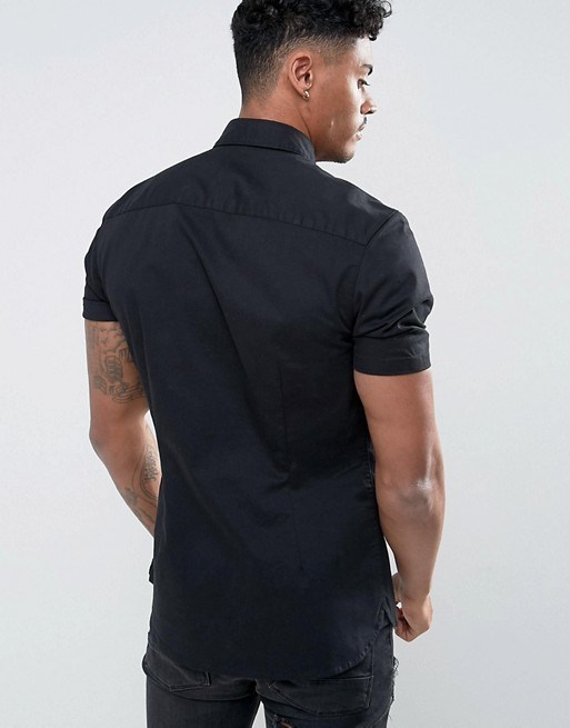 Slim Fit Poplin Shirt with Short Sleeves in Black