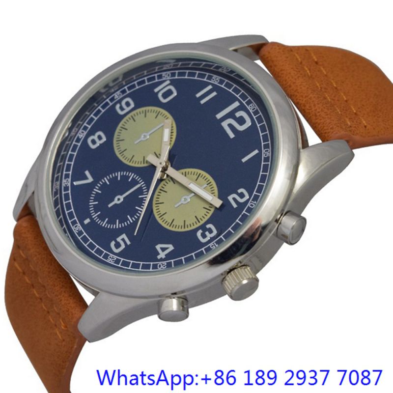 Top-Quality Alloy Quartz Men's Watch Leather Band Blue Dial Japan Chronograph (15172)