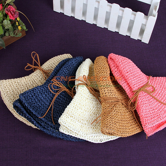 Portable Foldable Natural Raffia Straw Hat with Linen Rope