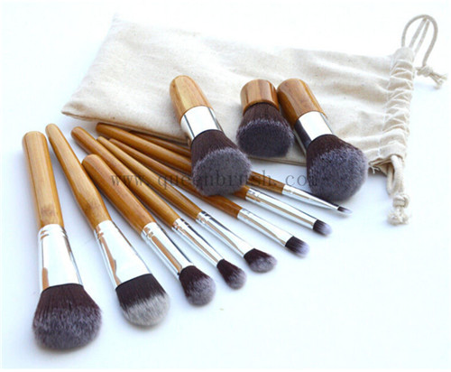 Synthetic Hair Brushes Bamboo Cosmetic Makeup Brush Set with Bag