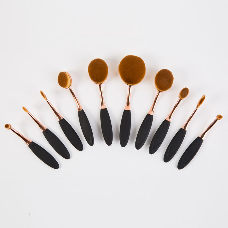 10PCS Rose Gold Handle Oval Makeup Brush Set with Black Box