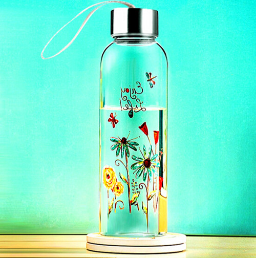 Beautiful Flower Design Glass Water Bottle with Rope Gift Cup Sport Glass Bottle