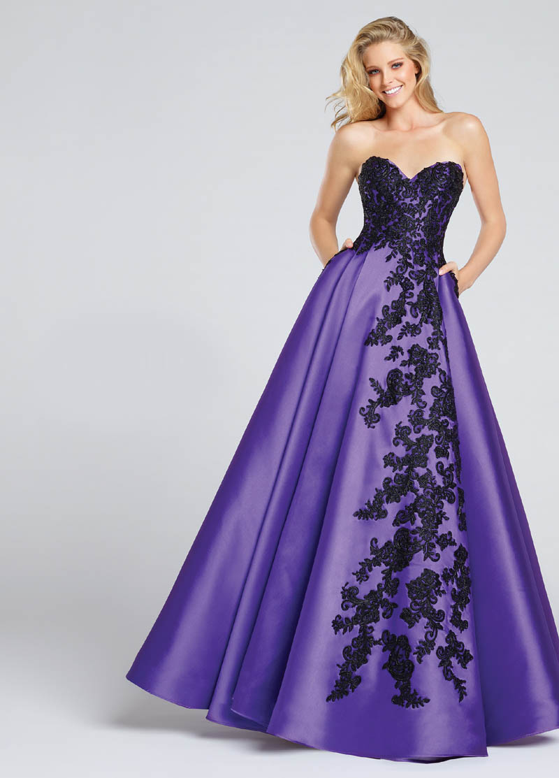 Strapless Mikado Full A-Line Gown Adorned with Asymmetrical Embroidered Applique Evening Dress with Side Pockets