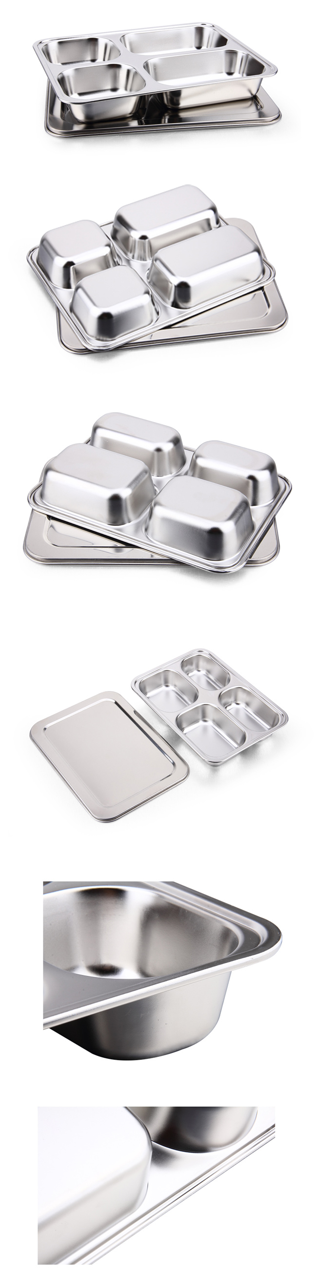 304 Stainless Steel 4 Dividers Food Tray Plate Food Tray with Lid