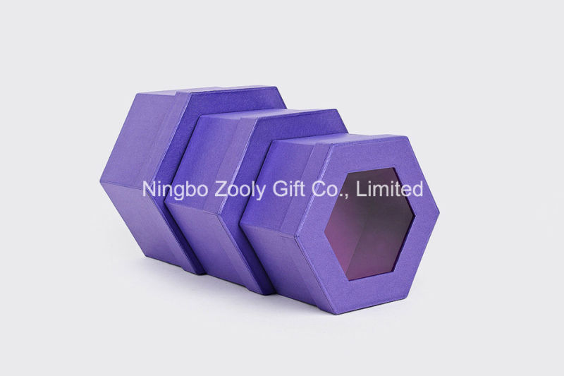 Quality Metallic Purple Color Paper Hexagonal Shaped Cosmetic Gift Packing Box with Window