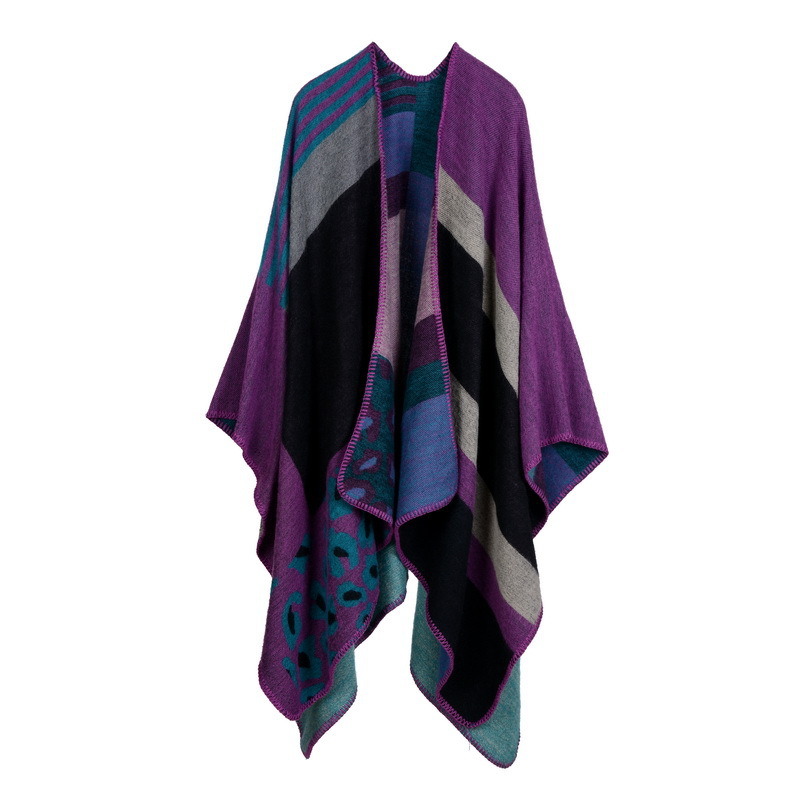 Women's Color Block Open Front Blanket Poncho Geometric Cashmere Cape Thick Warm Stole Throw Poncho Wrap Shawl (SP215)