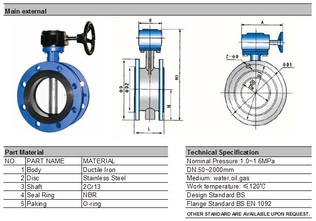 Ductile Iron Body and Disc Double Flange Butterfly Valve
