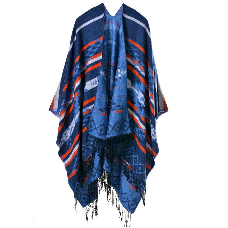 Women's Color Block Open Front Blanket Poncho Bohemian Cashmere Like Cape Thick Warm Stole Throw Poncho Wrap Shawl (SP224)