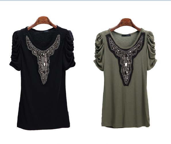 Women's Fashion Beading Round Neck Summer Hotsale T-Shirt