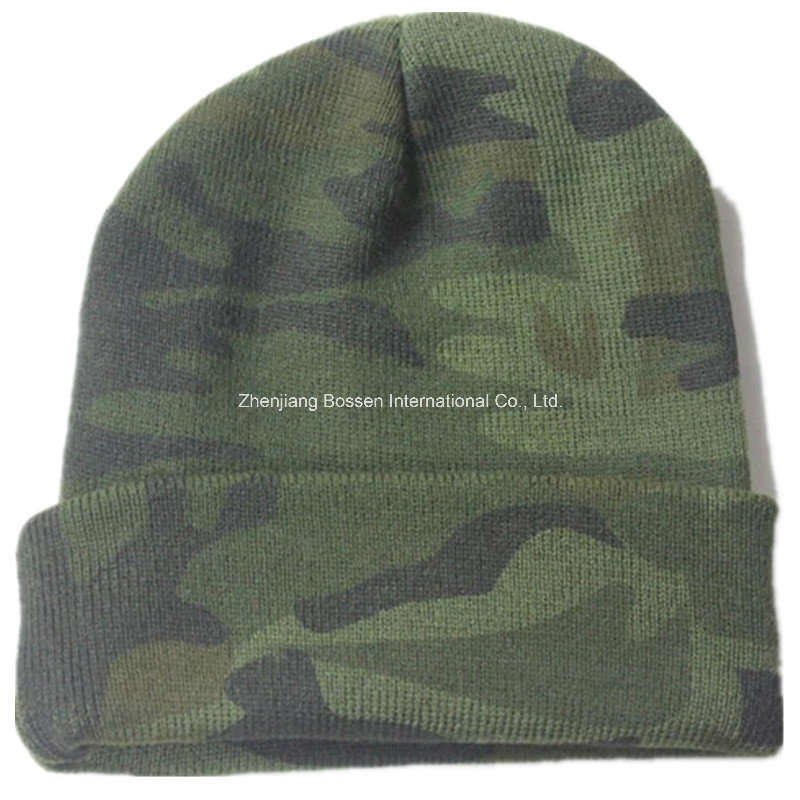 OEM Produce Custom Logo Printed Army Green Sports Customized Knitted Beanie Cap