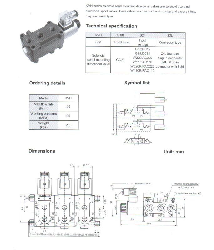 Kvh Series Solenoid Serial Mounting Directional Valves