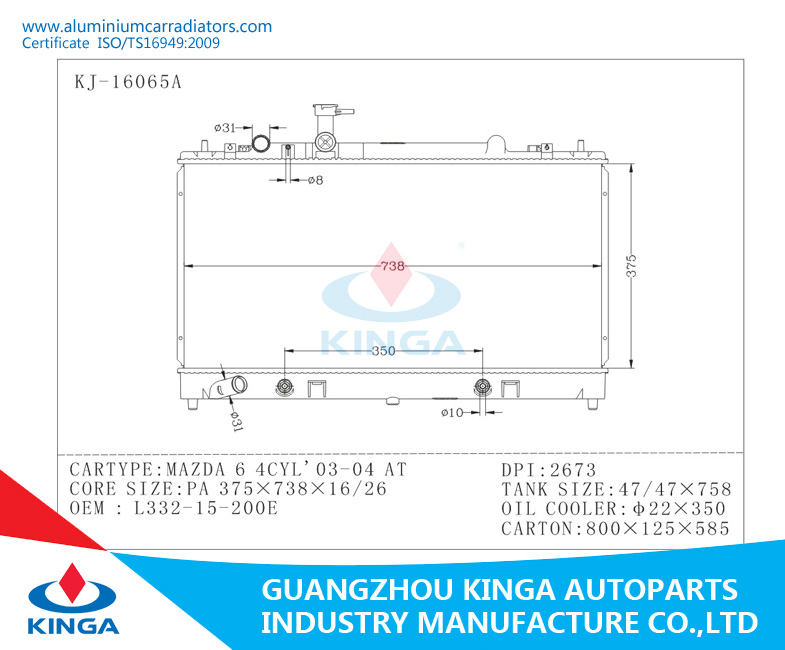 Mazda Auto Parts Aluminum Radiator for 6 4cyl 2003 2004 Direct Fit L332-15-200e with Plastic Water Tank