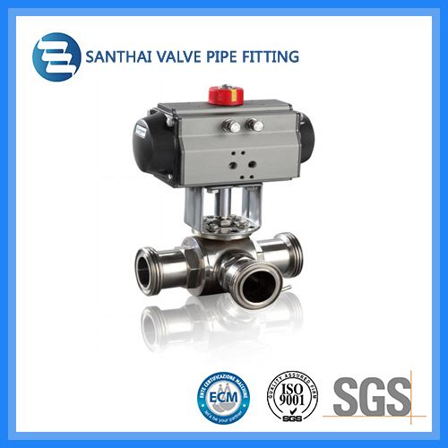 Hygienic 304/316L Sanitary Valves, Three Way Welded Pneumatic Ball Valve with Actuator