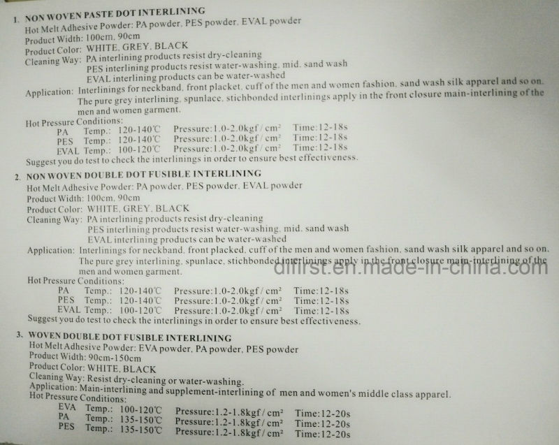 Nonwoven Fusible Blending Adhesive Interlining for Front-Garment Lining
