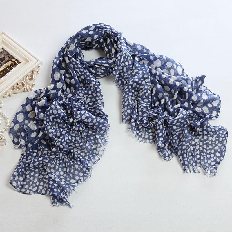 Blue Ground White DOT Big Size Polyester Voile Long Scarf PP058cl