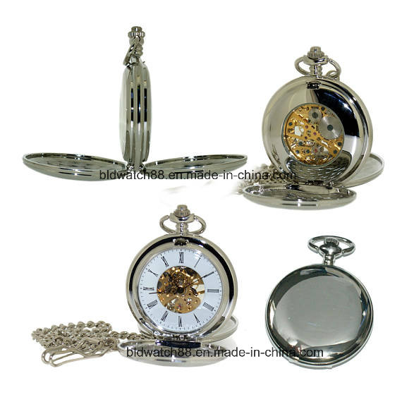 Silver Tone Plain Skeleton Hand Wind Double Hunter Pocket Watch