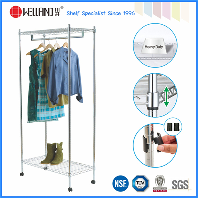 Adjustable Shelf Chrome Home Garment Rack with Nylon Wheel