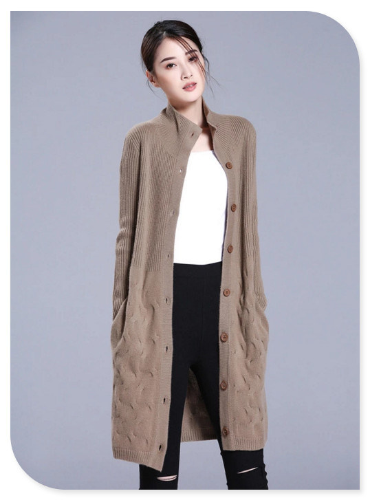 Ladies' Knitwear Thick Pure Cashmere Knitting Stand Collar Cardigan Coat Wtih Single-Breasted