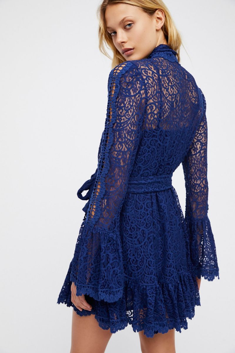 Delicate Sheer Lace Mini Dress Statement Ruffle Detailing Down The Front