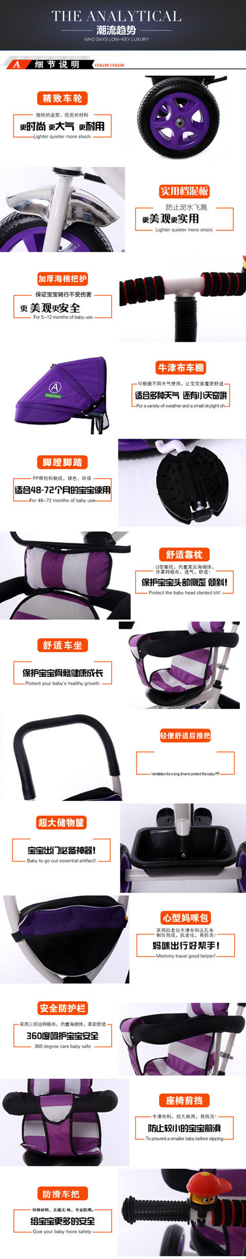 Safe and Comfortable Seat 360 Rotating Tricycle for Baby with Pushbar