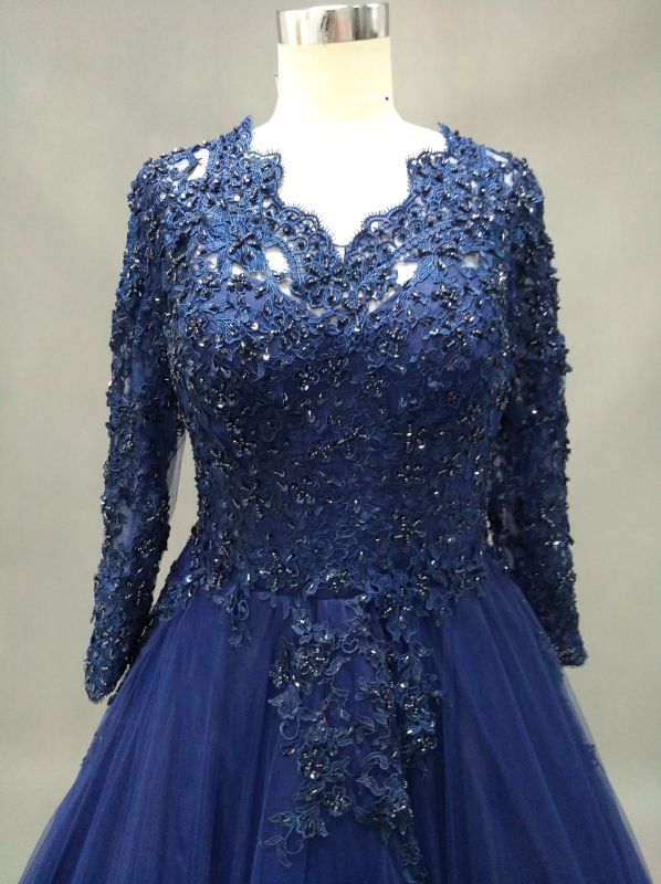 Long Sleeve V Neck Lace Blue Ball Gown Evening Dress