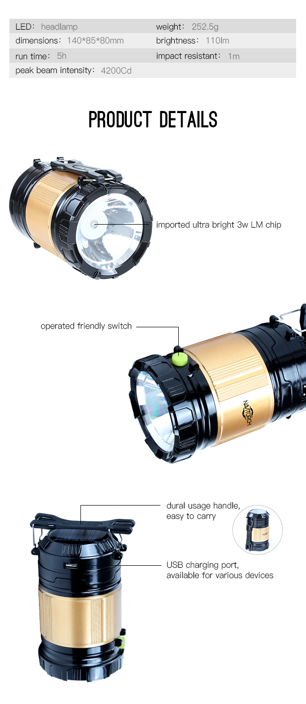 Dual Usage Portable Light Solar Recharge Camping Lantern (NK-165)