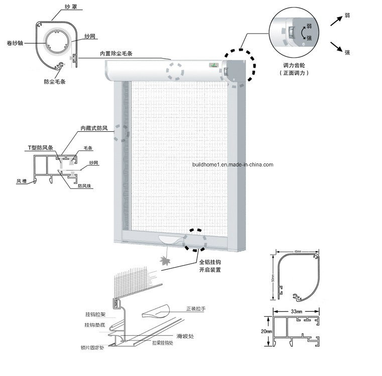 Slowly Slide up and Down Wind Proof Retractable Rolling Insect Screens