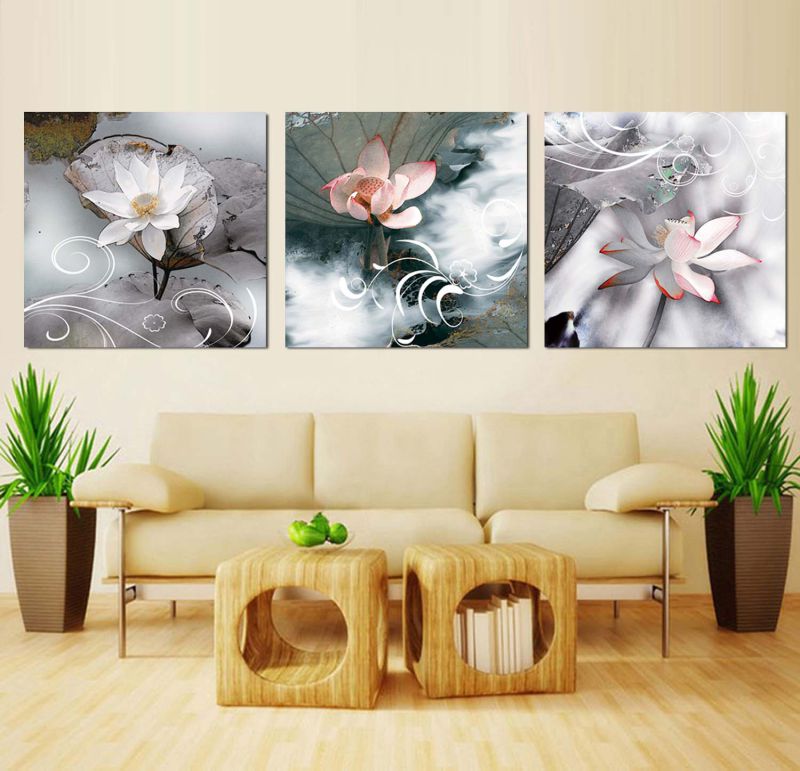 3 Panel Wall Art Oil Painting Lotus Painting Home Decoration Canvas Prints Pictures for Living Room Framed Art Mc-258