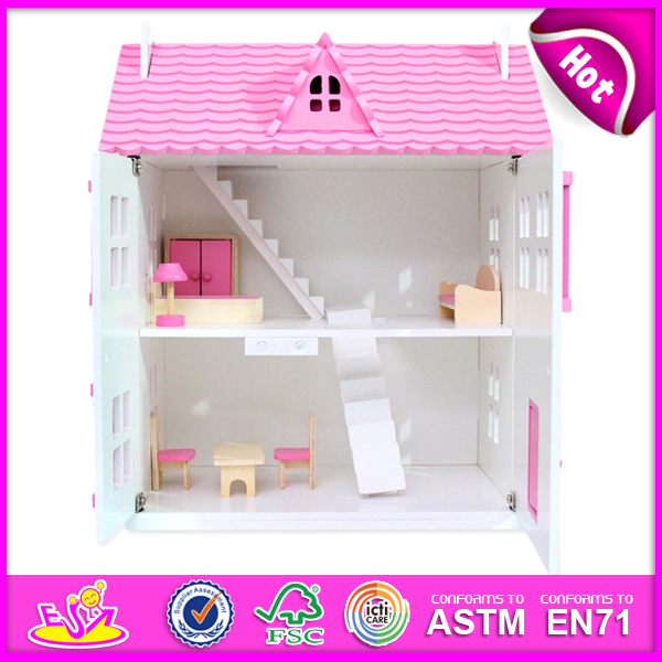 2014 New Wooden Kids Toy Dollhouse, Lovely Design Pink Kids Dollhouse Toy and Hot Selling Wooden Kids Dollhouse Set W06A077