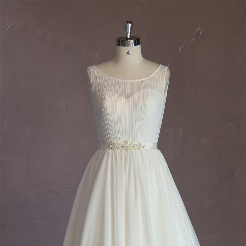 Round Neck with Beading Belt Long Train Chiffon Wedding Dress