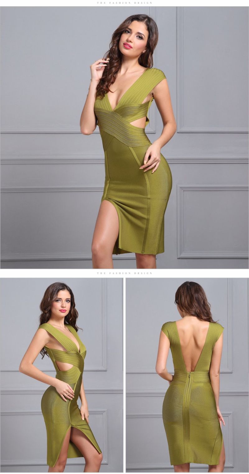 V Neck Dress Sexy Dress Spilt Dress Green Bandage Dress