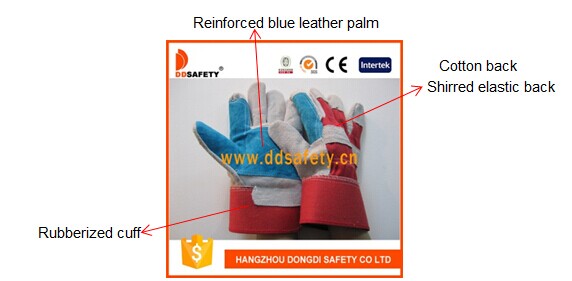 Blue Reinforced Leather Glove Red Cotton Back Safety Gloves Dlc320