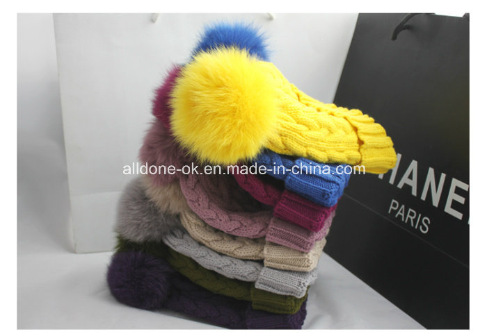 Customize Real Fur POM POM Hand Knitted Hat Winter Hat