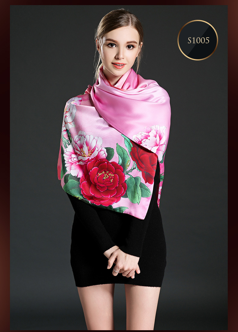 Pink Digital Printing Silk Scarf Shawl with Buttons