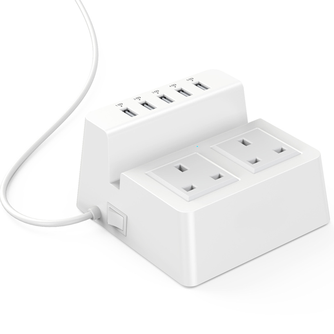 Smart Charging Desktop Charger with 2 AC EU Us Au UK Outlets and 5 Ports USB Charger