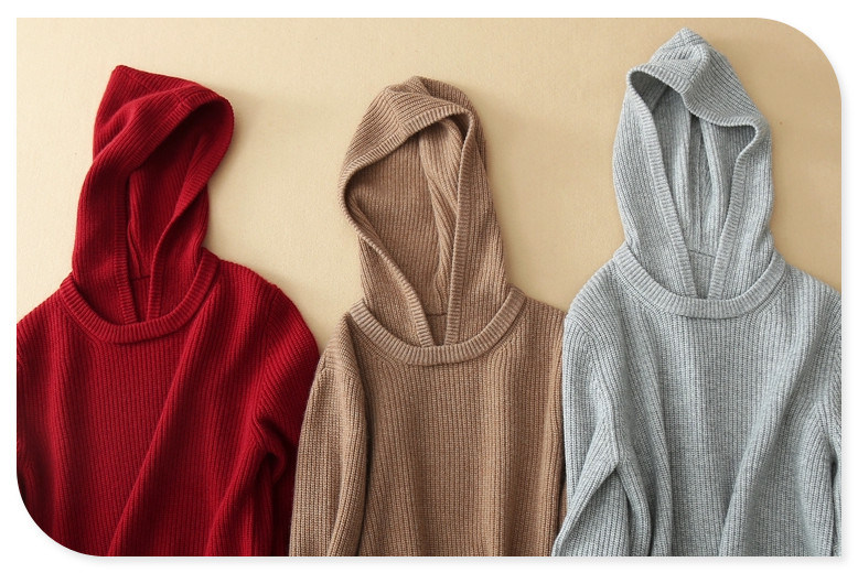 Lady's Pure Cashmere Hooded Sweater Pullover with Crew Neck Long Sleeves Sweater for Autumn/Winter