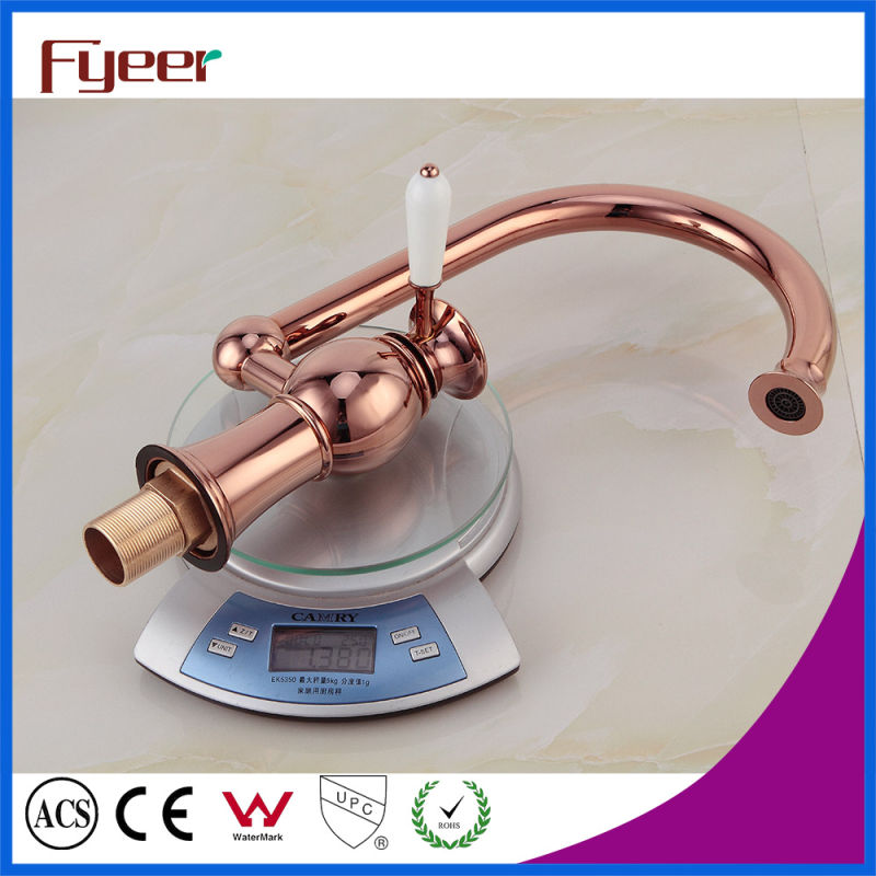 Fyeer Rose Gold 360 Swivel Kitchen Faucet for Double Sink