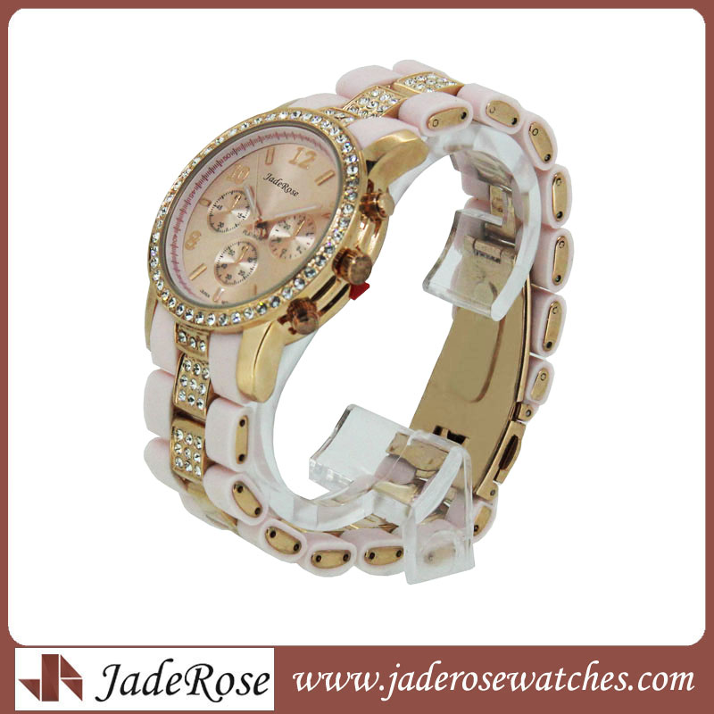 Exquisite Diamond Watches Wwomen's Alloy Watch with Silicone Strap