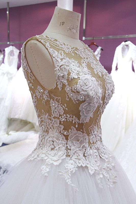 Champagne Top Lace Bodice Tulle Bottom Wedding Dress