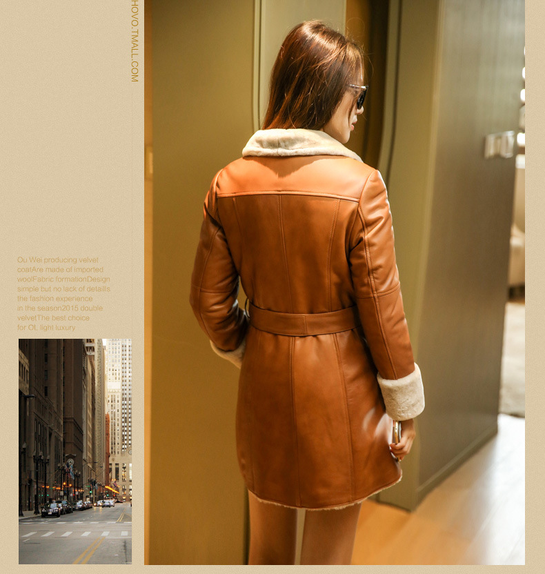 Pink Fashion Lady's Shearling and Lamb Leather Coat Long Style