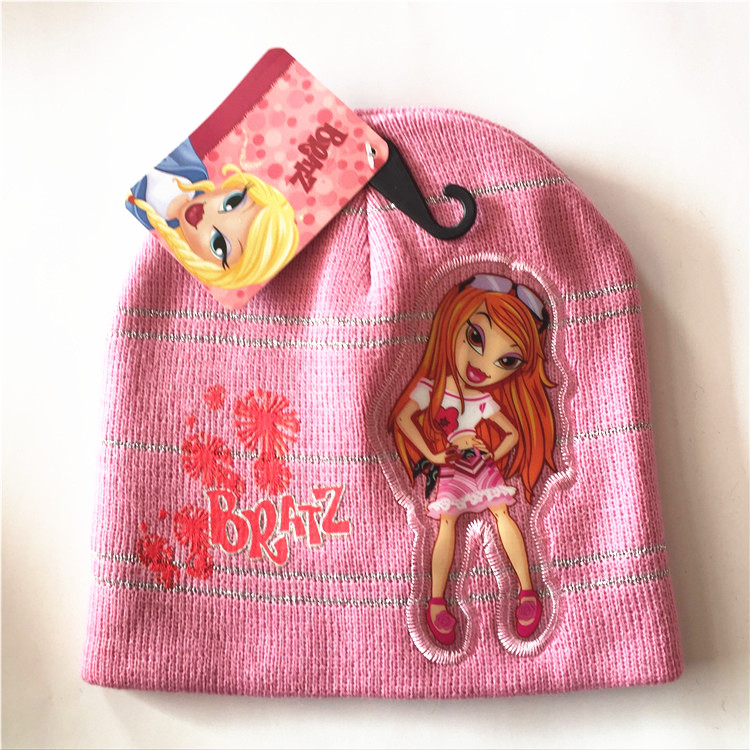 OEM Produce Customized Cartoon Pink Applique Knit Acrylic Children Beanie Hat