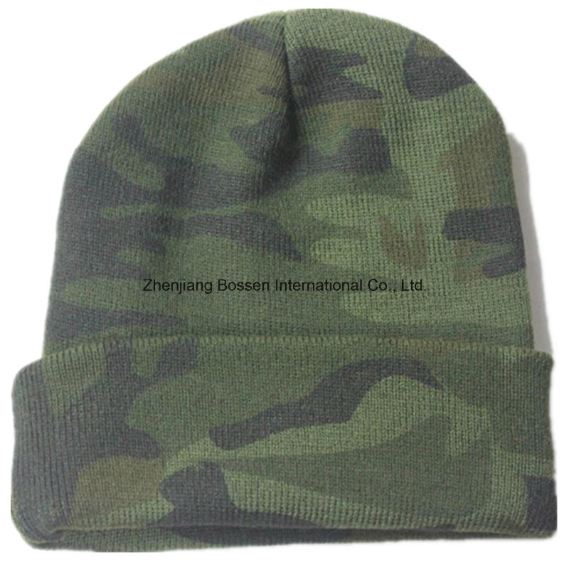 Customized Army Green Camouflage Printed Winter Sports Snowboard Acrylic Knitted Beanie Cap