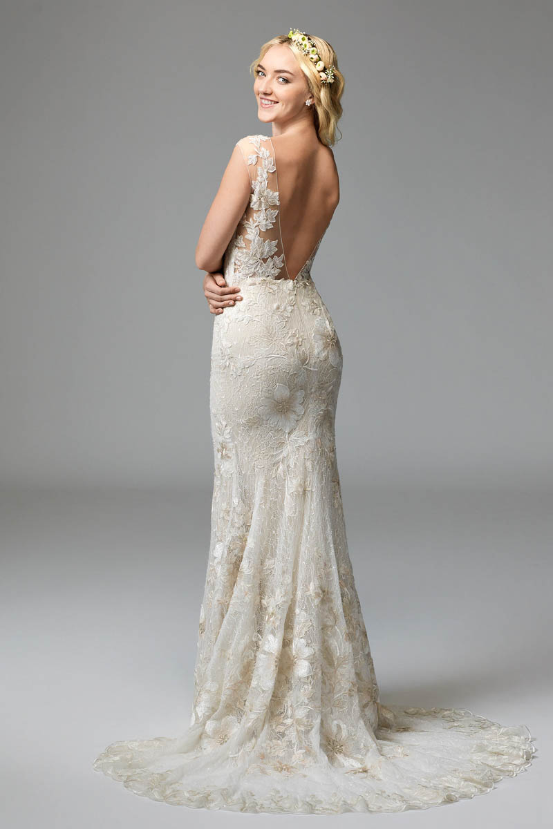 Fit-and-Flare V-Neckline Wedding Dress with Plays Backdrop to Dramatic Wildfell Floral Motifs