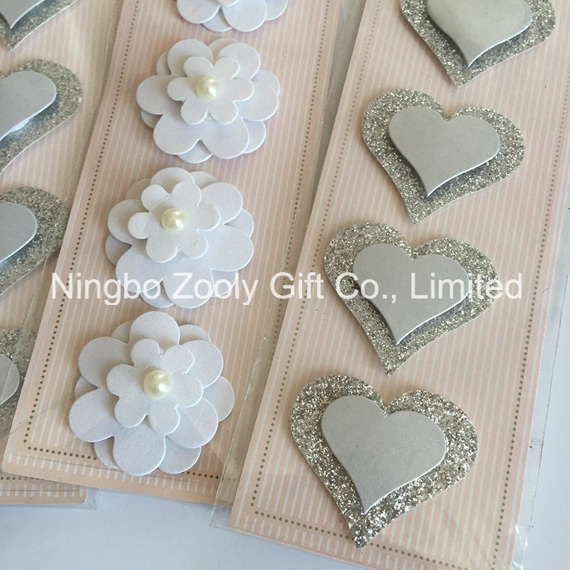 Glitter Sliver Heart 3D Sticker / White Peony Flower Dimensional Paper Craft Stickers